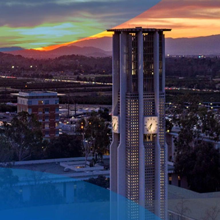 UC Riverside campus with view of bell tower at sunset
